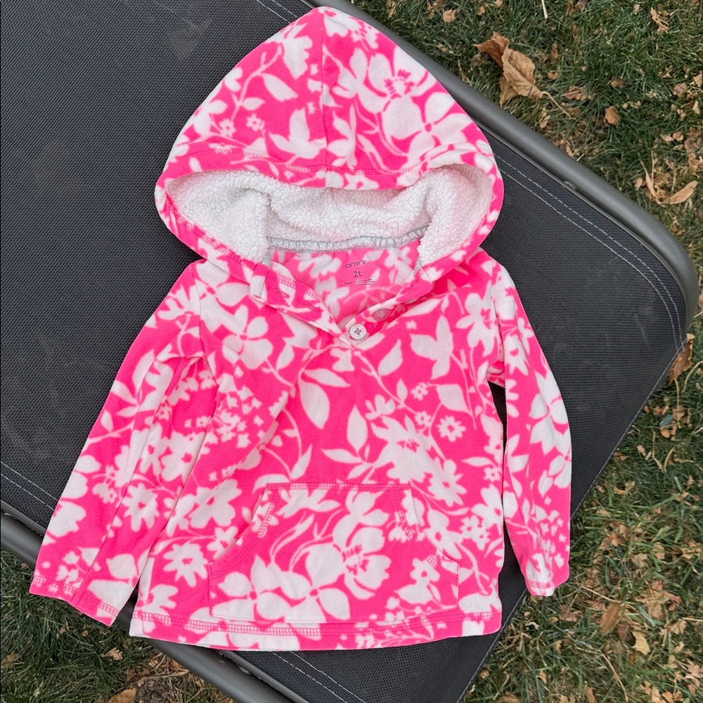 Carter's Pink and White Fleece Hoodie with Silver Accents